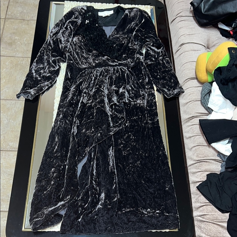 Debora Kuchme dark grey vintage crushed velvet midi dress with black sequins